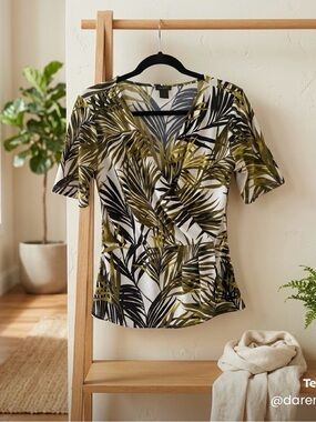 Ann Taylor Olive and Black Palm-Print Surplice Top